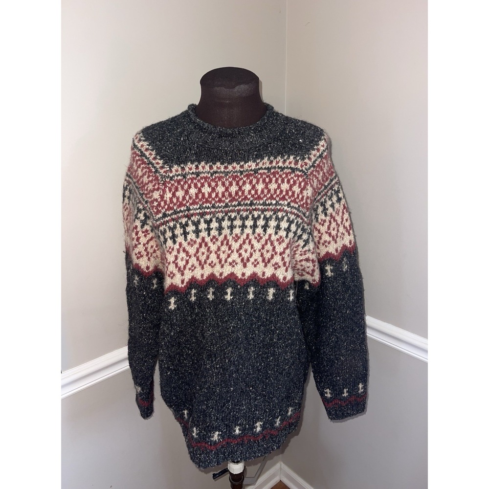 Vintage Structure Fair Isle Wool Blend Sweater Mens M Ski Gray Red